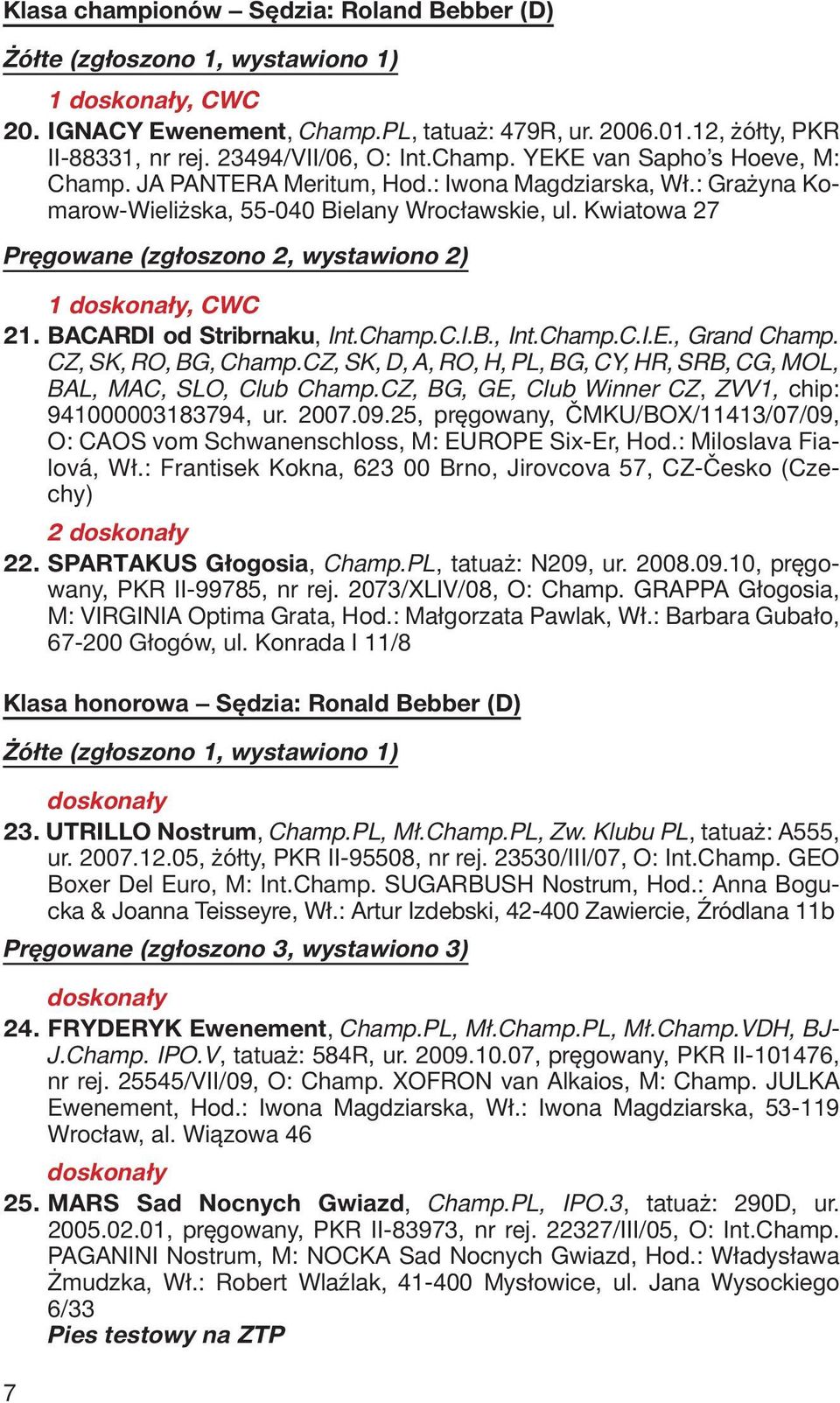 Kwiatowa 27 Pręgowane (zgłoszono 2, wystawiono 2) 1 doskonały, CWC 21. BACARDI od Stribrnaku, Int.Champ.C.I.B., Int.Champ.C.I.E., Grand Champ. CZ, SK, RO, BG, Champ.