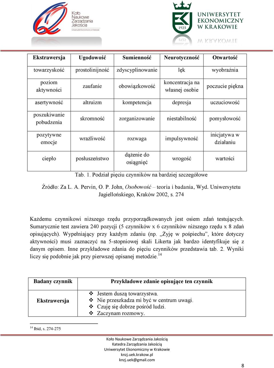 działaniu ciepło posłuszeństwo dążenie do osiągnięć wrogość wartości Tab. 1. Podział pięciu czynników na bardziej szczegółowe Źródło: Za L. A. Pervin, O. P. John, Osobowość teoria i badania, Wyd.