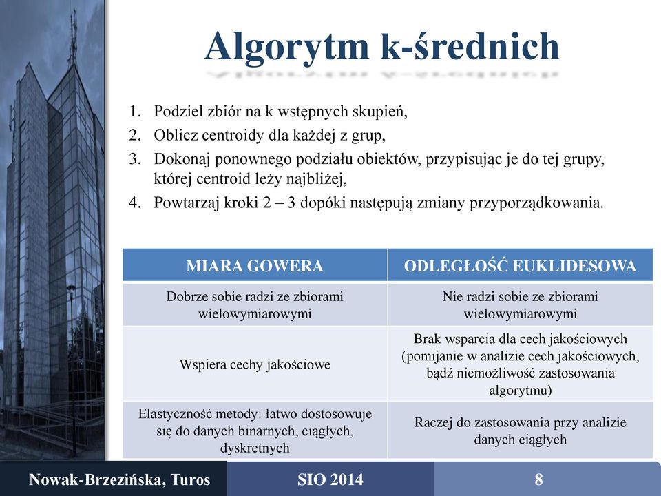MIARA GOWERA Dobrze sobie radzi ze zbiorami wielowymiarowymi Wspiera cechy jakościowe Elastyczność metody: łatwo dostosowuje się do danych binarnych, ciągłych,