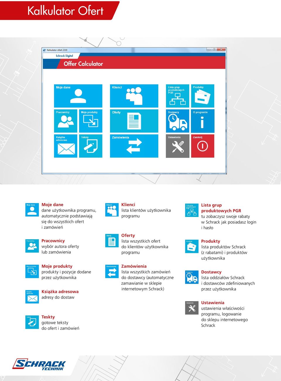 programu Zamówienia lista wszystkich zamówień do dostawcy (automatyczne zamawianie w sklepie internetowym Schrack) Lista grup produktowych PGR tu zobaczysz swoje rabaty w Schrack jak posiadasz login