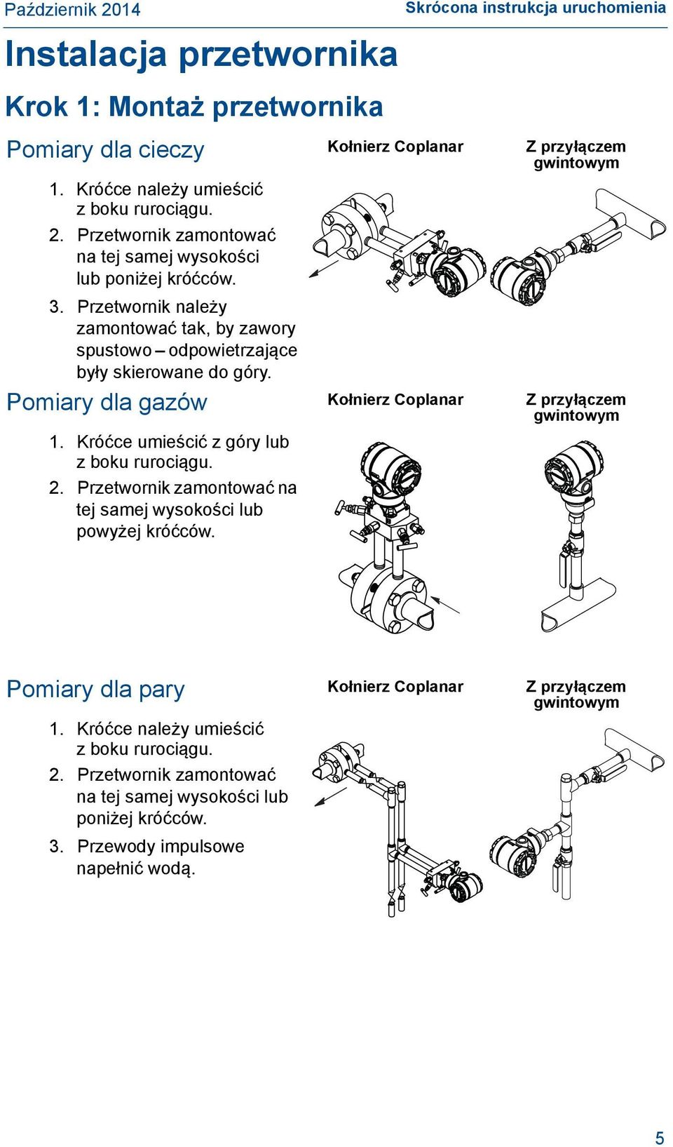 Przetwornik należy zamontować tak, by zawory spustowo odpowietrzające były skierowane do góry. Pomiary dla gazów Kołnierz Coplanar Z przyłączem gwintowym 1.