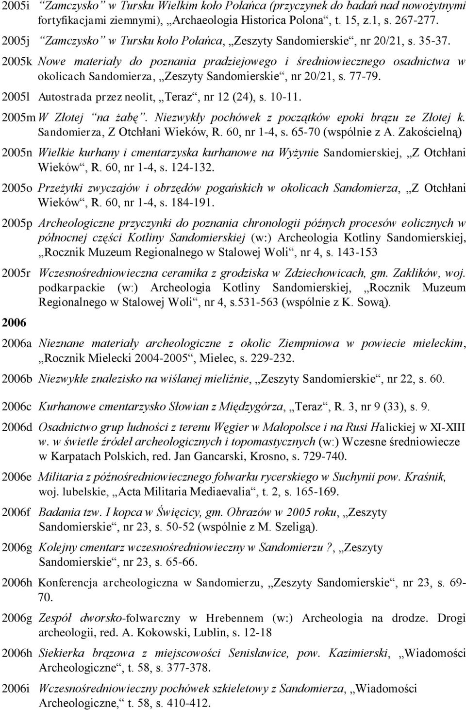 2005k Nowe materiały do poznania pradziejowego i średniowiecznego osadnictwa w okolicach Sandomierza, Zeszyty Sandomierskie, nr 20/21, s. 77-79. 2005l Autostrada przez neolit, Teraz, nr 12 (24), s.