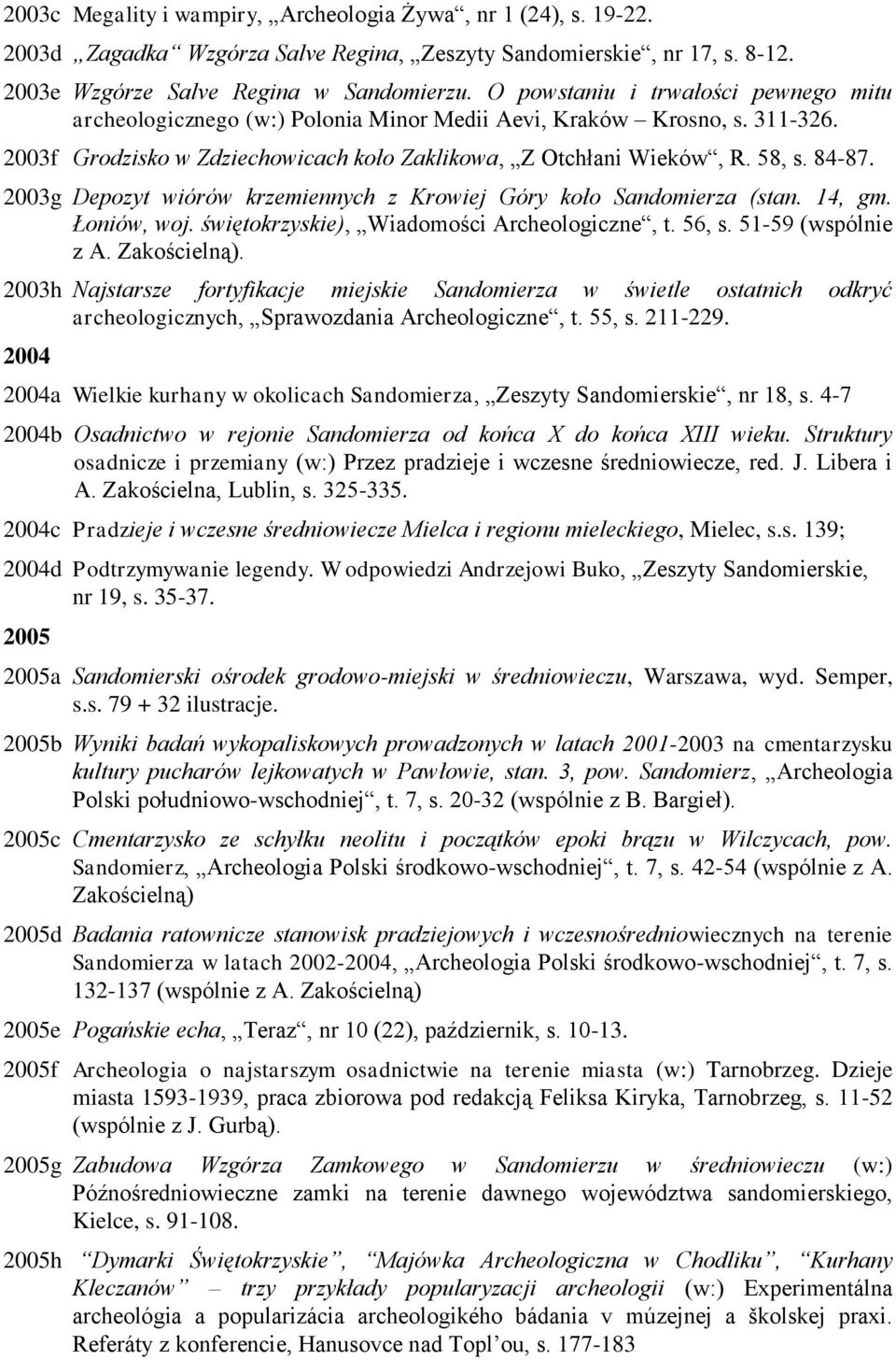 2003g Depozyt wiórów krzemiennych z Krowiej Góry koło Sandomierza (stan. 14, gm. Łoniów, woj. świętokrzyskie), Wiadomości Archeologiczne, t. 56, s. 51-59 (wspólnie z A. Zakościelną).