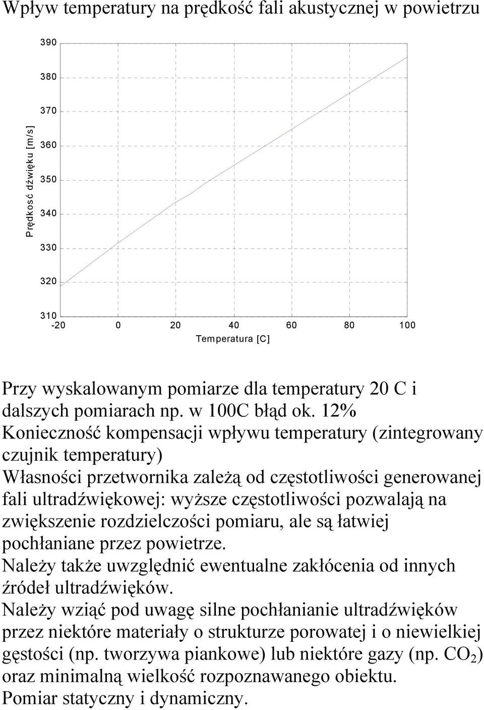 12% Konieczność kompensacji wpływu temperatury (zintegrowany czujnik temperatury) Własności przetwornika zależą od częstotliwości generowanej fali ultradźwiękowej: wyższe częstotliwości pozwalają na