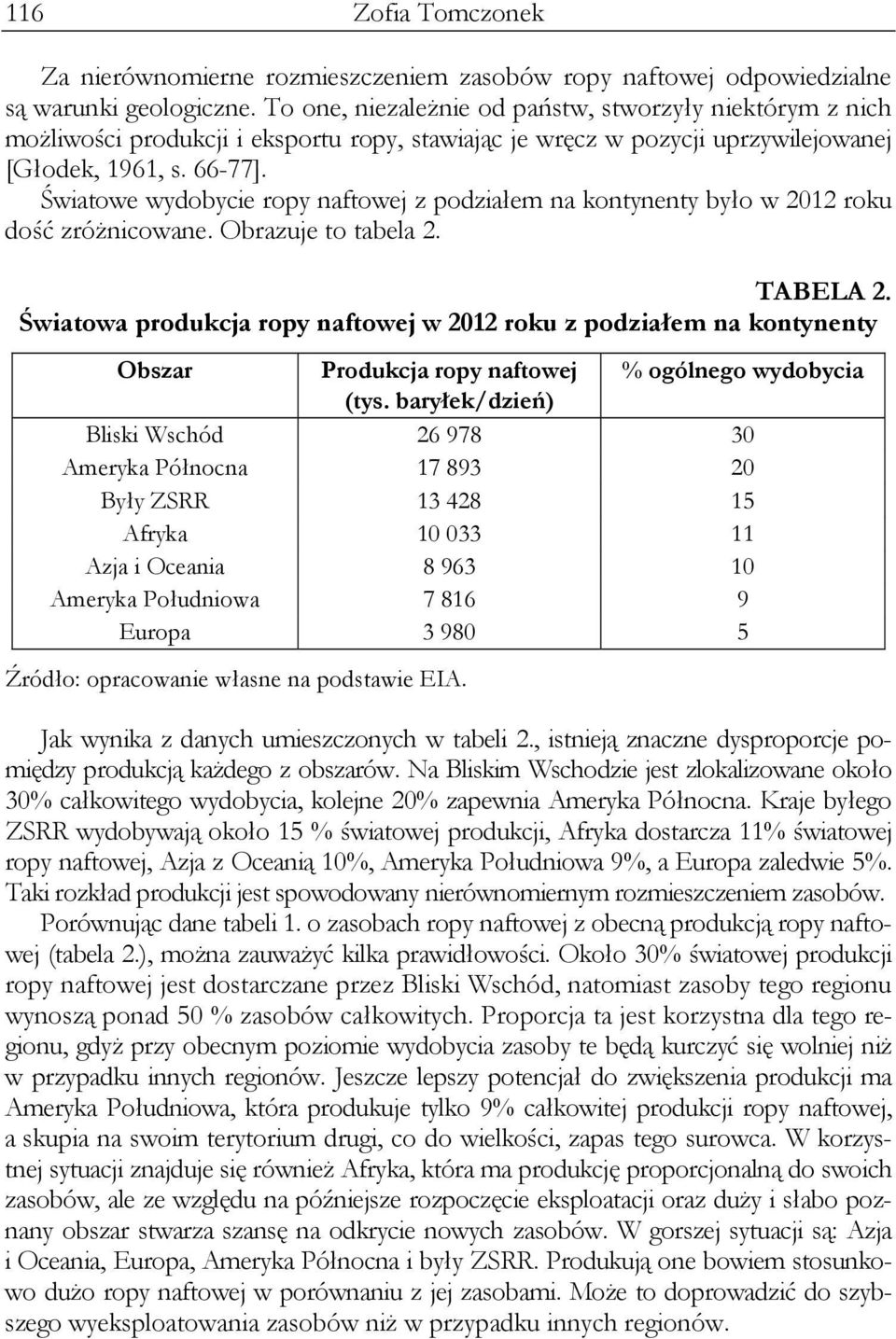 Światowe wydobycie ropy naftowej z podziałem na kontynenty było w 2012 roku dość zróżnicowane. Obrazuje to tabela 2. TABELA 2.