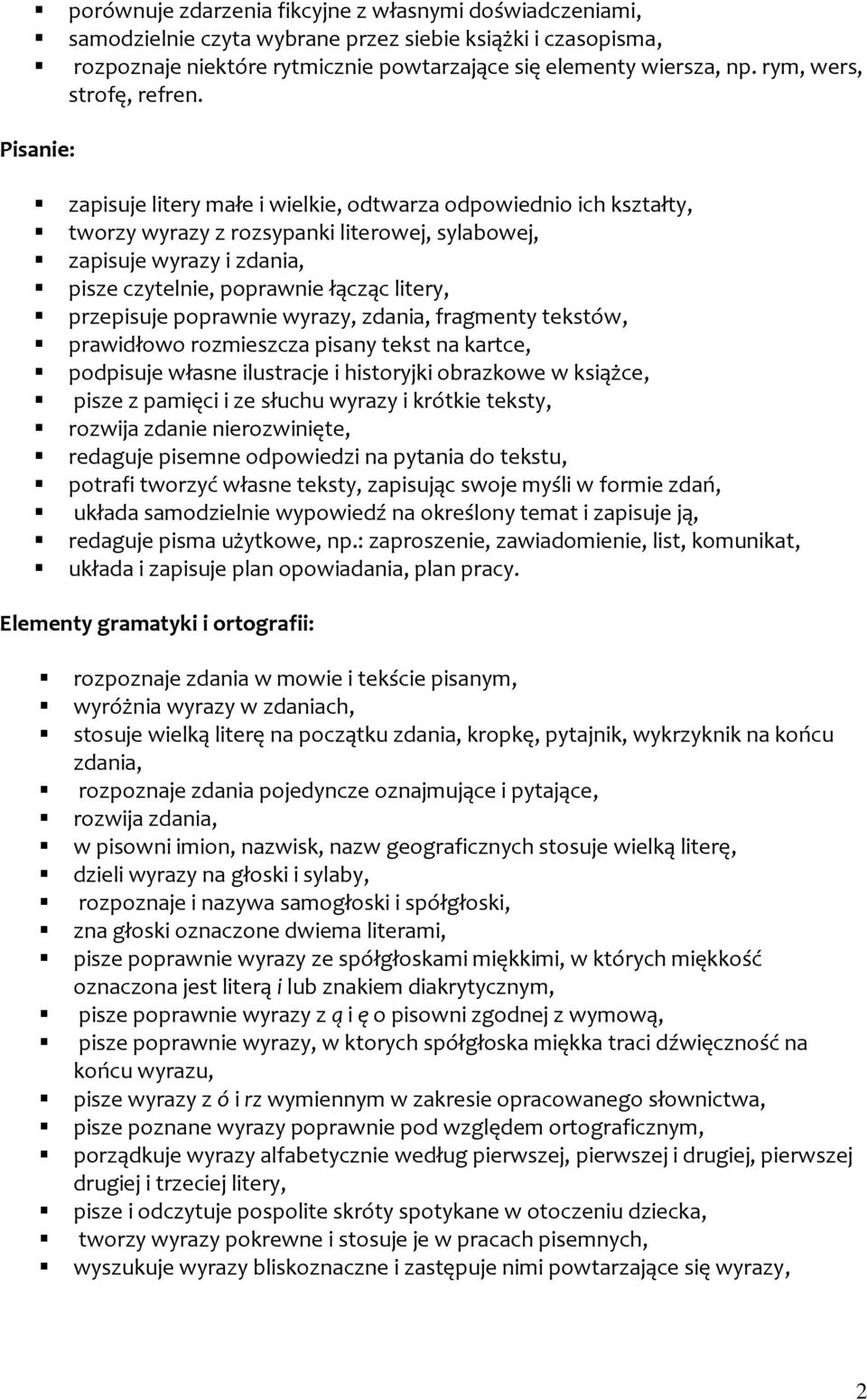 Pisanie: zapisuje litery małe i wielkie, odtwarza odpowiednio ich kształty, tworzy wyrazy z rozsypanki literowej, sylabowej, zapisuje wyrazy i zdania, pisze czytelnie, poprawnie łącząc litery,