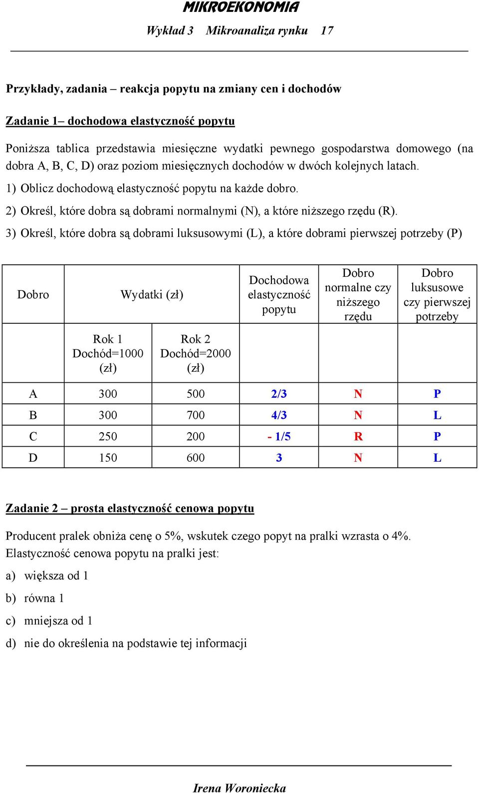 2) Określ, które dobra są dobrami normalnymi (N), a które niższego rzędu (R).
