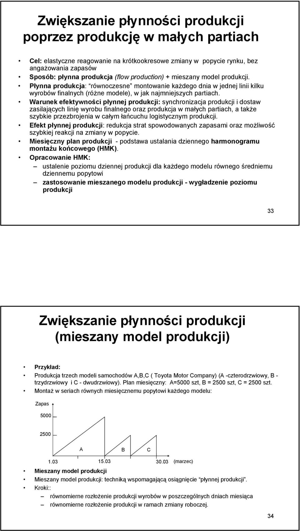 Warunek efektywności płynnej produkcji: synchronizacja produkcji i dostaw zasilających linię wyrobu finalnego oraz produkcja w małych partiach, a także szybkie przezbrojenia w całym łańcuchu