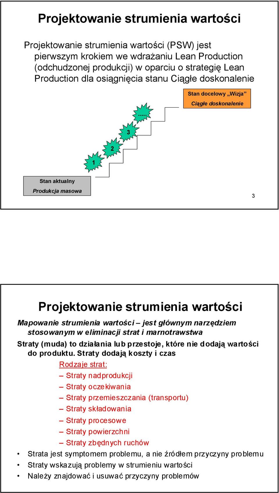 .. Stan docelowy Wizja Ciągłe doskonalenie 3 1 2 Stan aktualny Produkcja masowa 3 Projektowanie strumienia wartości Mapowanie strumienia wartości jest głównym narzędziem stosowanym w eliminacji strat