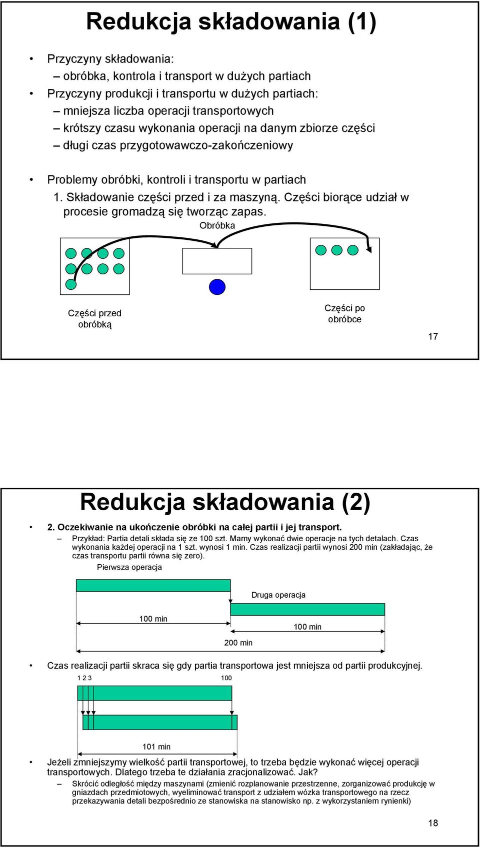 Części biorące udział w procesie gromadzą się tworząc zapas. Obróbka Części przed obróbką Części po obróbce 17 Redukcja składowania (2) 2.