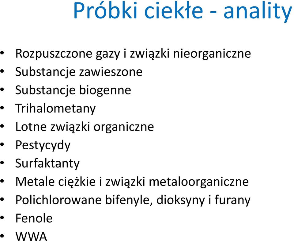 związki organiczne Pestycydy Surfaktanty Metale ciężkie i związki