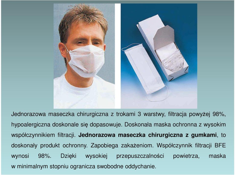 Jednorazowa maseczka chirurgiczna z gumkami, to doskonały produkt ochronny. Zapobiega zakażeniom.