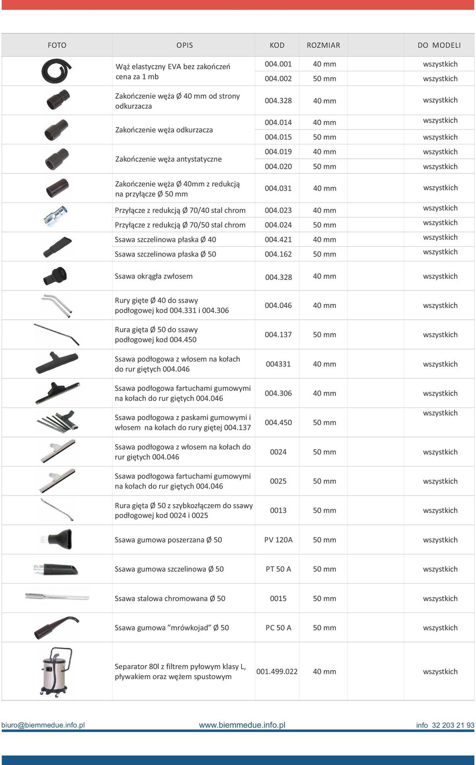 020 50 mm wszystkich Zakończenie węża Ø 40mm z redukcją na przyłącze Ø 50 mm 004.031 40 mm wszystkich Przyłącze z redukcją Ø 70/40 stal chrom 004.