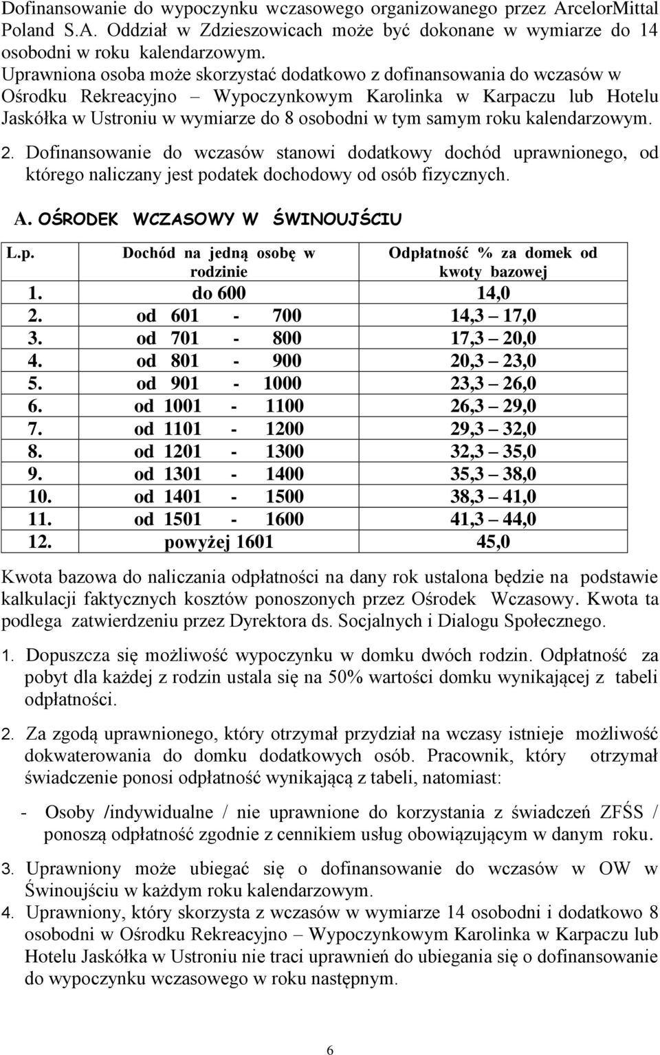 roku kalendarzowym. 2. Dofinansowanie do wczasów stanowi dodatkowy dochód uprawnionego, od którego naliczany jest podatek dochodowy od osób fizycznych. A. OŚRODEK WCZASOWY W ŚWINOUJŚCIU L.p. Dochód na jedną osobę w rodzinie Odpłatność % za domek od kwoty bazowej 1.