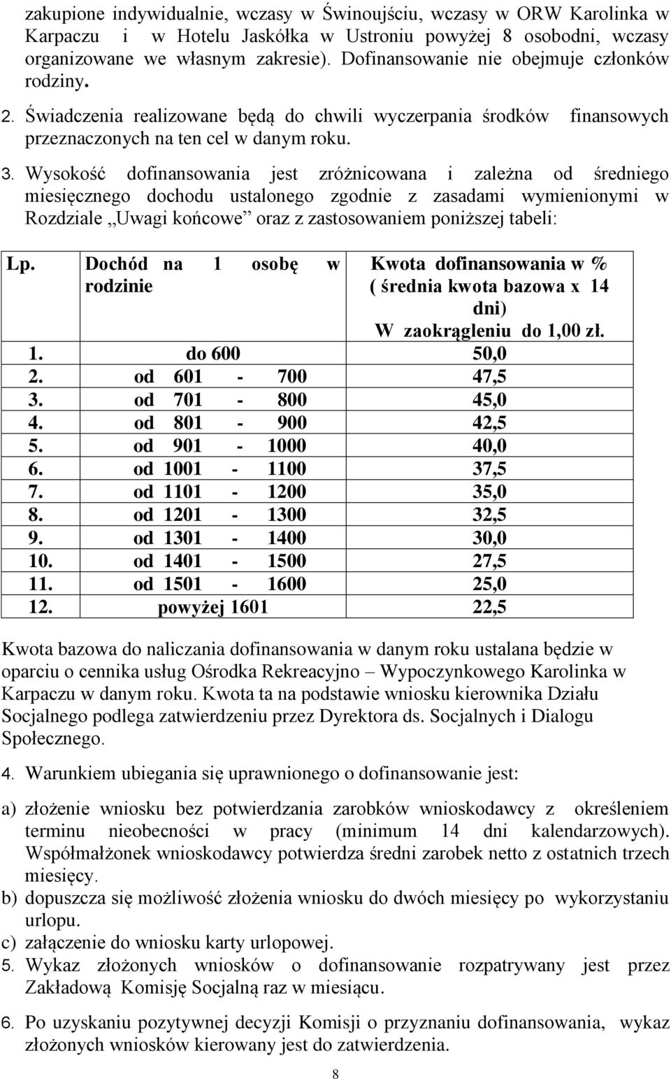 Wysokość dofinansowania jest zróżnicowana i zależna od średniego miesięcznego dochodu ustalonego zgodnie z zasadami wymienionymi w Rozdziale Uwagi końcowe oraz z zastosowaniem poniższej tabeli: Lp.