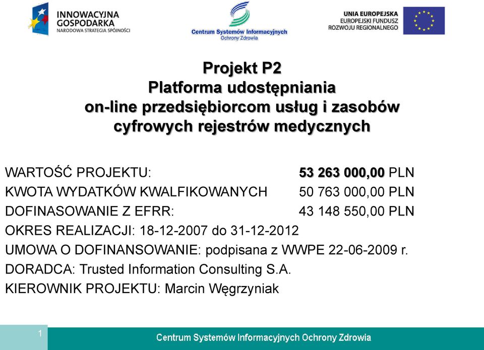 DOFINASOWANIE Z EFRR: 43 148 550,00 PLN OKRES REALIZACJI: 18-12-2007 do 31-12-2012 UMOWA O