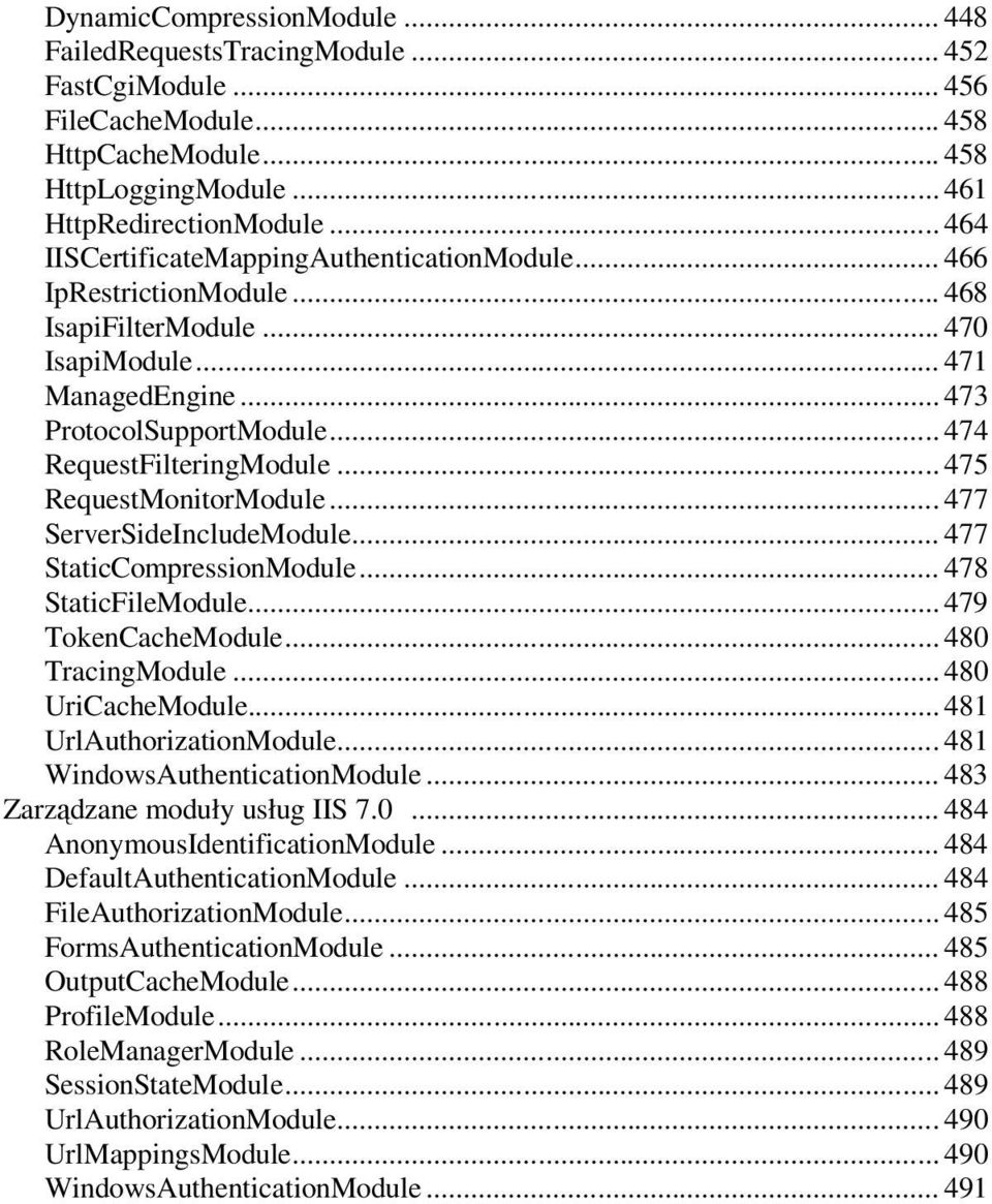 .. 475 RequestMonitorModule... 477 ServerSideIncludeModule... 477 StaticCompressionModule... 478 StaticFileModule... 479 TokenCacheModule... 480 TracingModule... 480 UriCacheModule.