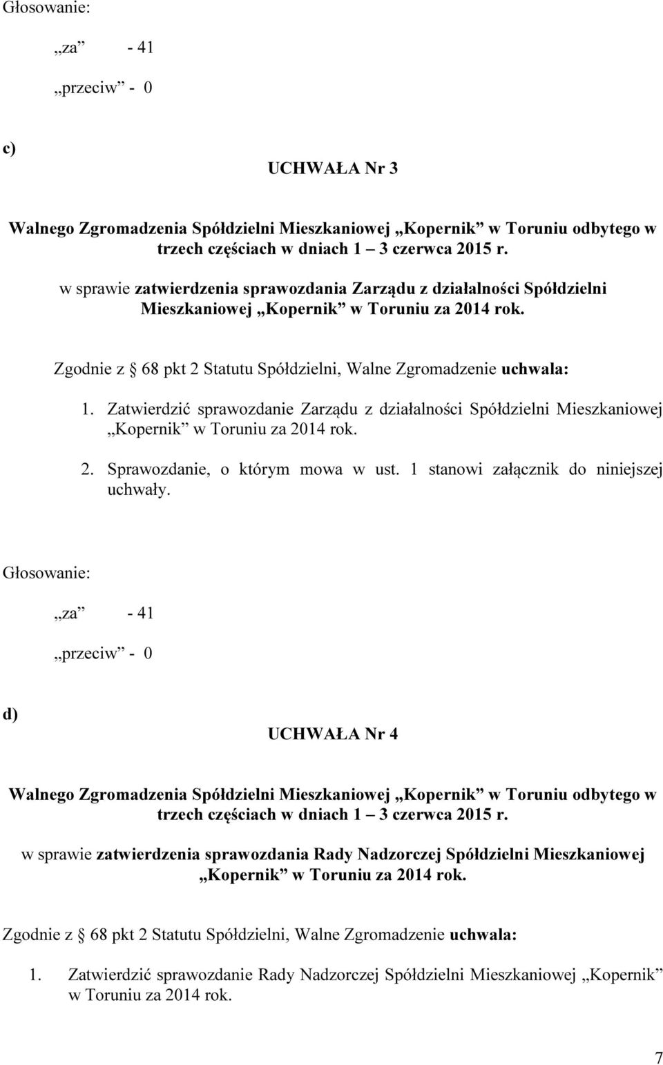 Zatwierdzić sprawozdanie Zarządu z działalności Spółdzielni Mieszkaniowej Kopernik w Toruniu za 2014 rok. 2. Sprawozdanie, o którym mowa w ust.