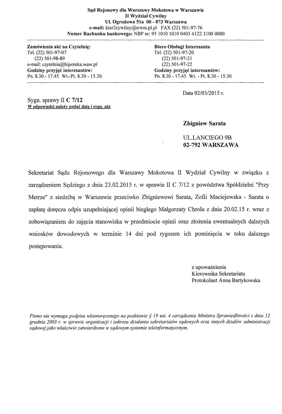 Sekretariat Sadu Rejonowego dla Warszawy Mokotowa II Wydzial Cywilny w  zwiazku z - PDF Darmowe pobieranie