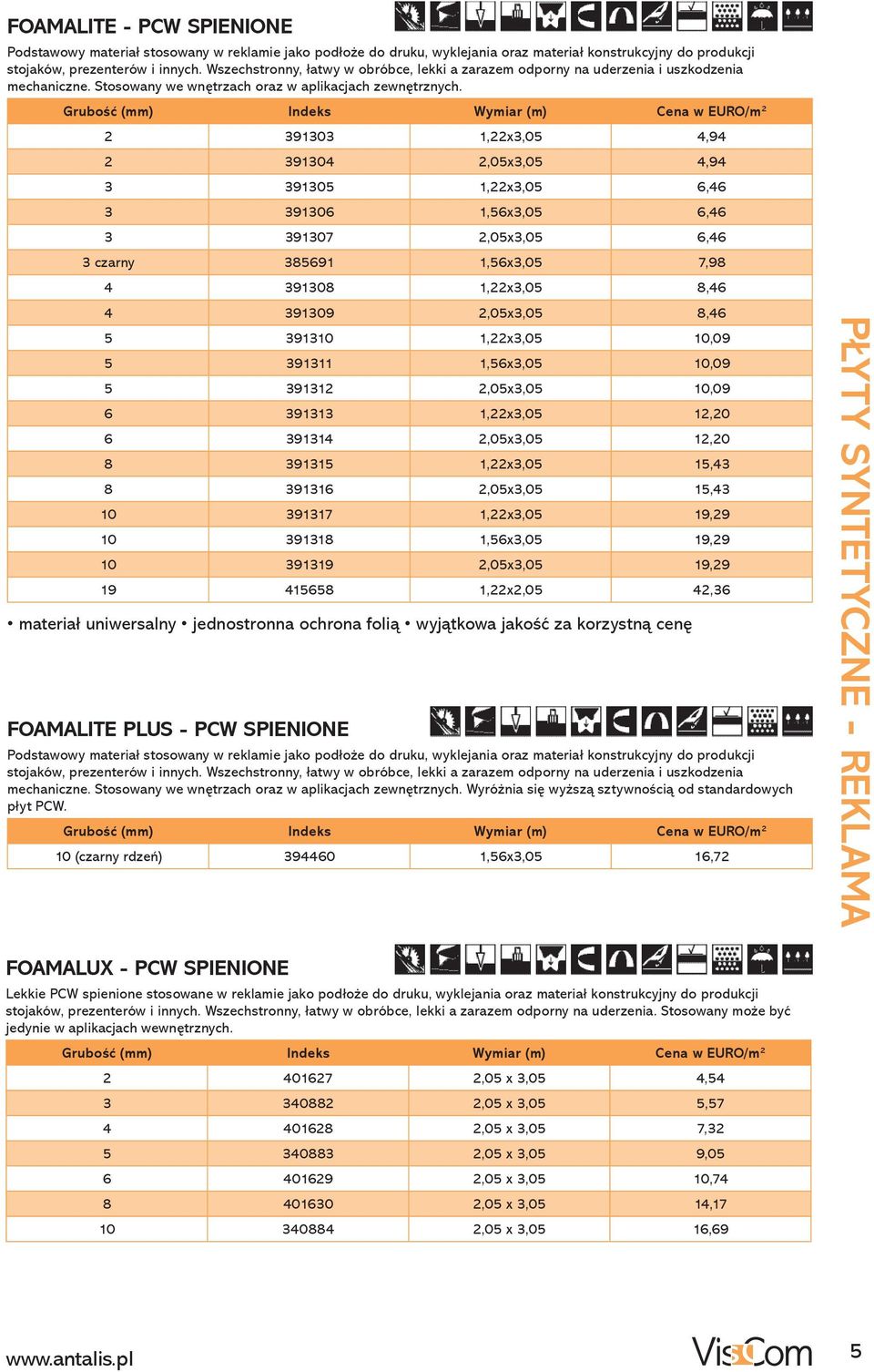 Grubość (mm) Indeks Wymiar (m) Cena w EURO/m 2 2 391303 1,22x3,05 4,94 2 391304 2,05x3,05 4,94 3 391305 1,22x3,05 6,46 3 391306 1,56x3,05 6,46 3 391307 2,05x3,05 6,46 3 czarny 385691 1,56x3,05 7,98 4