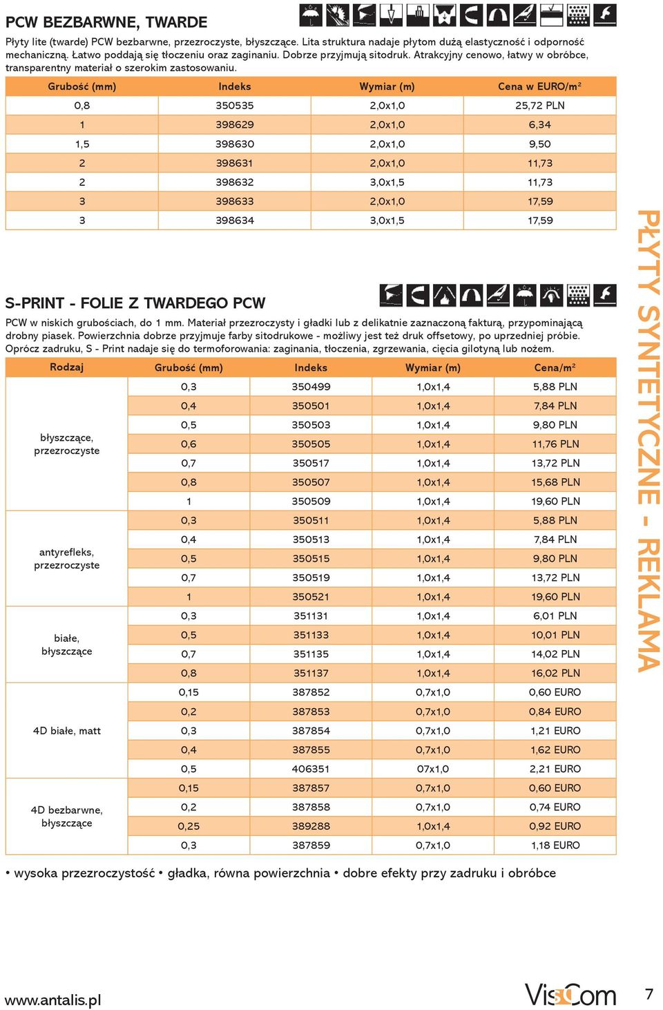 Grubość (mm) Indeks Wymiar (m) Cena w EURO/m 2 S-PRINT - FOLIE Z TWARDEGO PCW PCW w niskich grubościach, do 1 mm.