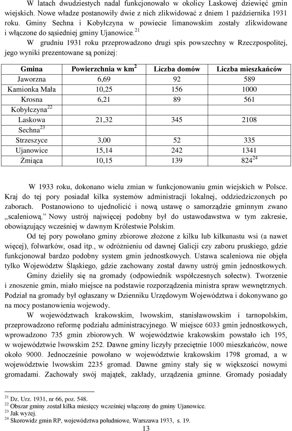 21 W grudniu 1931 roku przeprowadzono drugi spis powszechny w Rzeczpospolitej, jego wyniki prezentowane są poniżej: Gmina Powierzchnia w km 2 Liczba domów Liczba mieszkańców Jaworzna 6,69 92 589