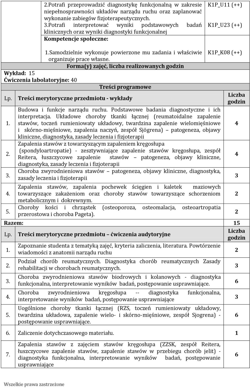 Samodzielnie wykonuje powierzone mu zadania i właściwie organizuje prace własne. Forma(y) zajęć, liczba realizowanych godzin Wykład: 15 Ćwiczenia labolatoryjne: 40 Treści programowe Lp. 1... 4. 5.