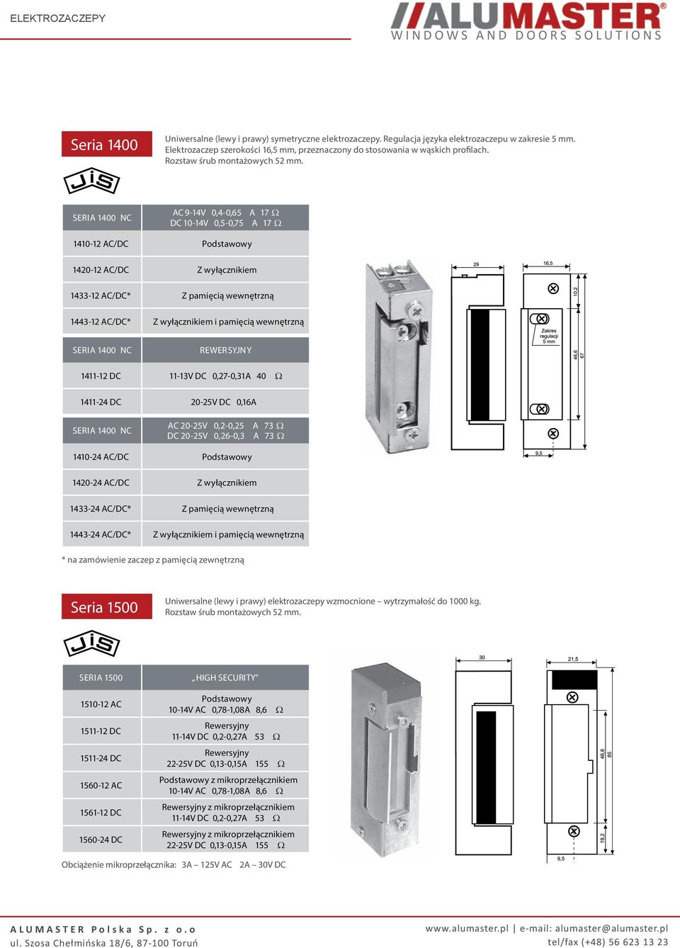 SERIA 1400 NC AC 9-14V 0,4-0,65 DC 10-14V 0,5-0,75 A 17 Ω A 17 Ω 1410-12 AC/DC Podstawowy 1420-12 AC/DC Z wyłącznikiem 1433-12 AC/DC* Z pamięcią wewnętrzną 1443-12 AC/DC* Z wyłącznikiem i pamięcią