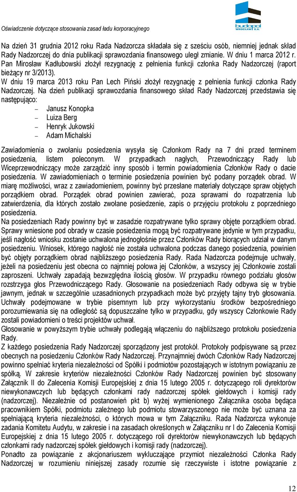 W dniu 19 marca 2013 roku Pan Lech Piński złożył rezygnację z pełnienia funkcji członka Rady Nadzorczej.