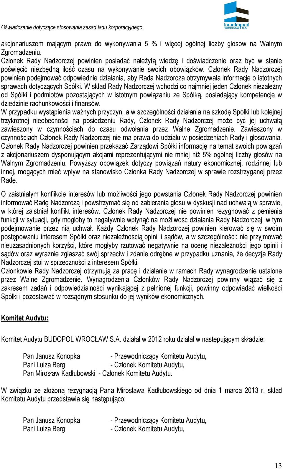 Członek Rady Nadzorczej powinien podejmować odpowiednie działania, aby Rada Nadzorcza otrzymywała informacje o istotnych sprawach dotyczących Spółki.