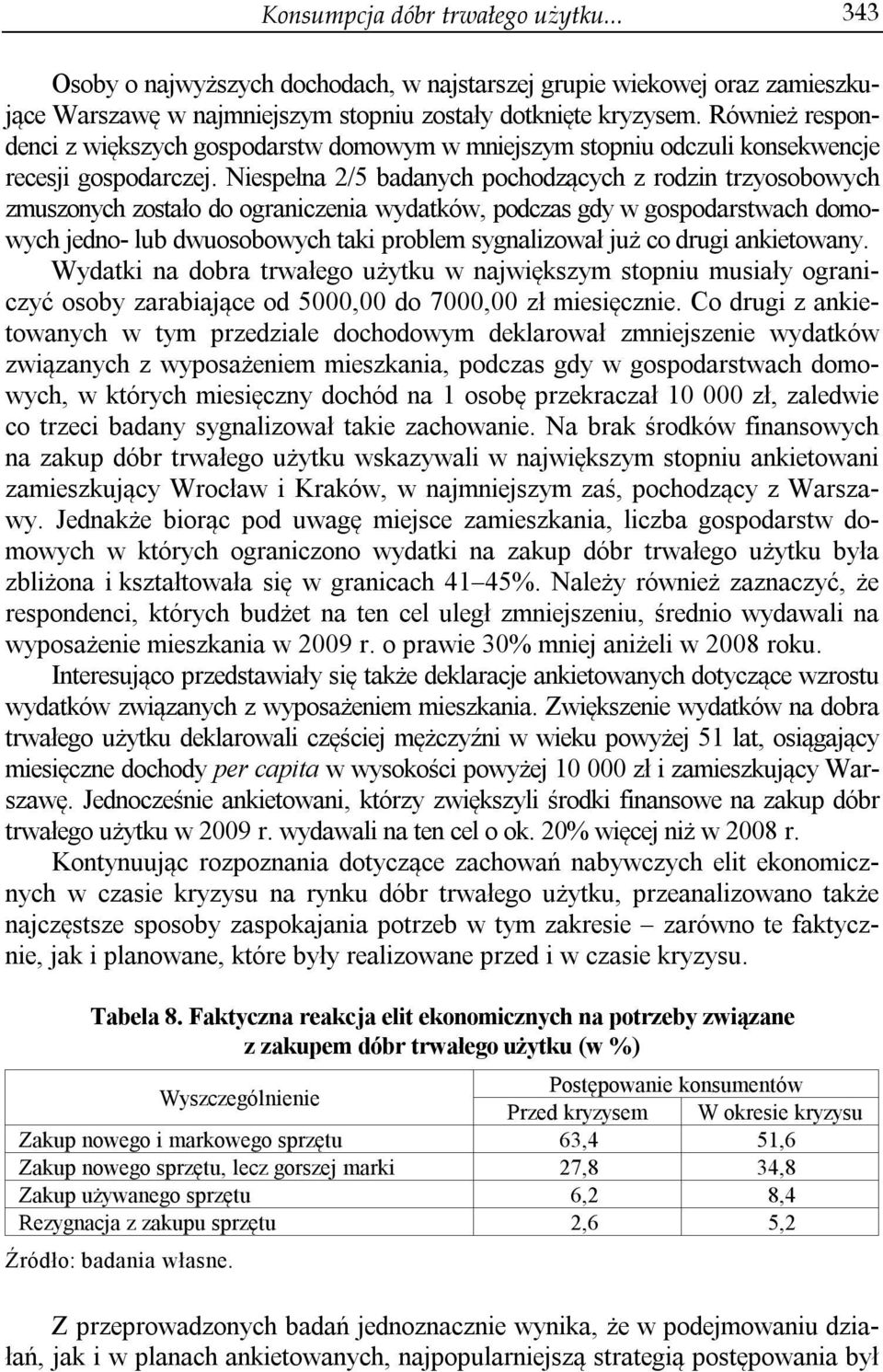 Niespełna 2/5 badanych pochodzących z rodzin trzyosobowych zmuszonych zostało do ograniczenia wydatków, podczas gdy w gospodarstwach domowych jedno- lub dwuosobowych taki problem sygnalizował już co