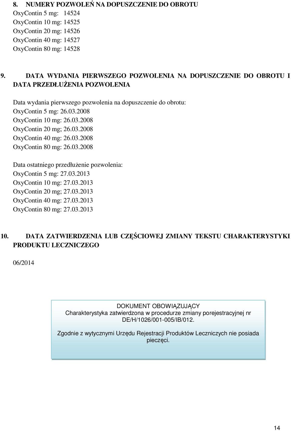 2008 OxyContin 10 mg: 26.03.2008 OxyContin 20 mg; 26.03.2008 OxyContin 40 mg: 26.03.2008 OxyContin 80 mg: 26.03.2008 Data ostatniego przedłużenie pozwolenia: OxyContin 5 mg: 27.03.2013 OxyContin 10 mg: 27.