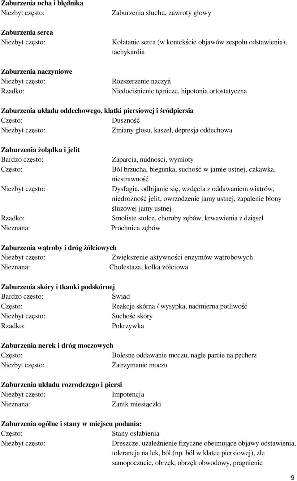 często: Rzadko: Nieznana: Zaparcia, nudności, wymioty Ból brzucha, biegunka, suchość w jamie ustnej, czkawka, niestrawność Dysfagia, odbijanie się, wzdęcia z oddawaniem wiatrów, niedrożność jelit,