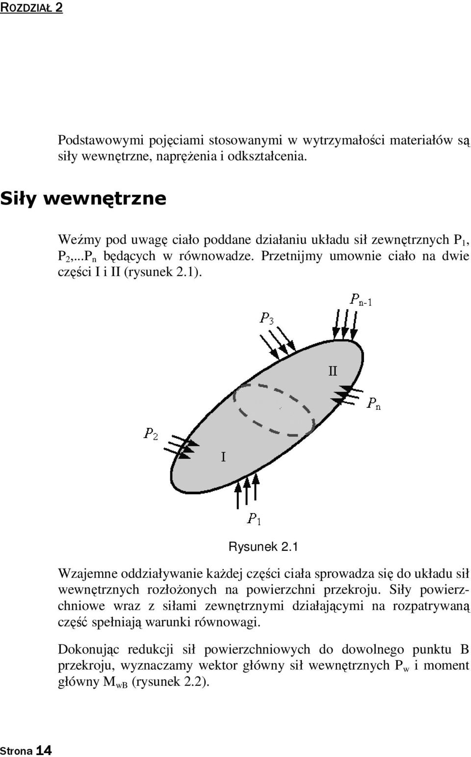 Rysunek. Wzajemne oddziaływanie każdej części ciała sprowadza się do układu sił wewnętrznych rozłożonych na powierzchni przekroju.