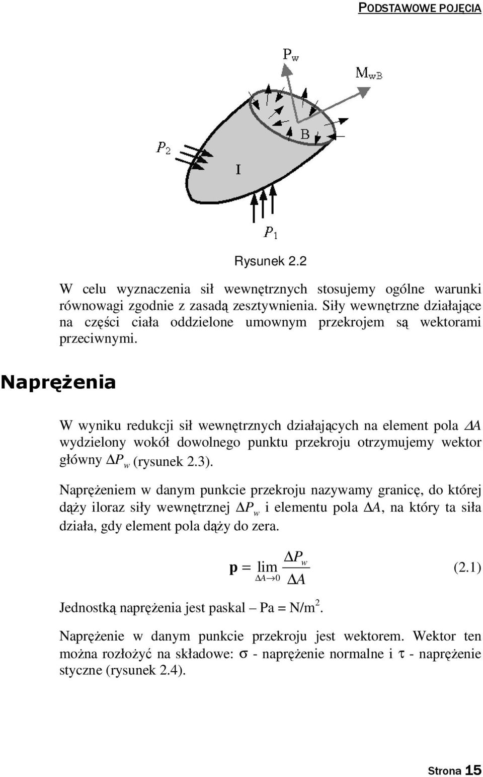 Naprężenia W wyniku redukcji sił wewnętrznych działających na eement poa A wydzieony wokół dowonego punktu przekroju otrzymujemy wektor główny P w (rysunek.3).