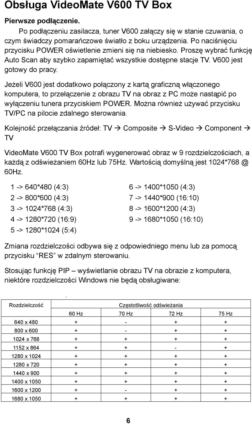 Jeżeli V600 jest dodatkowo połączony z kartą graficzną włączonego komputera, to przełączenie z obrazu TV na obraz z PC może nastąpić po wyłączeniu tunera przyciskiem POWER.