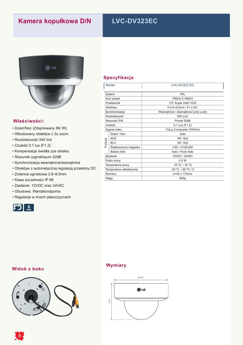 0mm Klasa szczelności IP 66 : 12VDC oraz 24VAC Obudowa: Wandaloodporna Regulacja w trzech płaszczyznach Obiektyw Dzień / Noc Funkcje AGC BLC Elektroniczna migawka 795(H) X 596(V) 1/3"