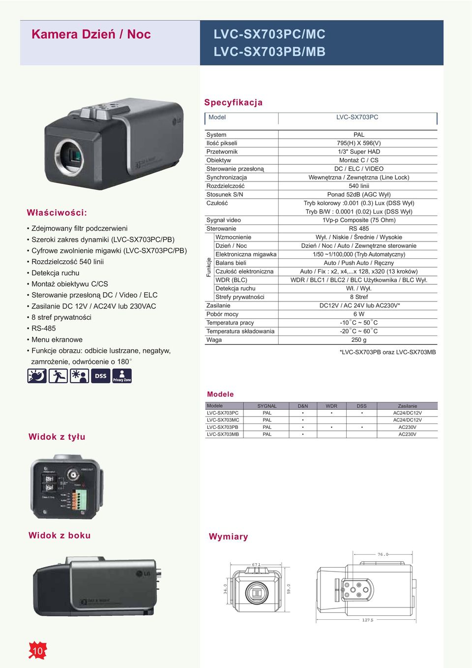 Sterowanie Wzmocnienie Dzień / Noc Elektroniczna migawka elektroniczna WDR (BLC) Detekcja ruchu Strefy prywatności Funkcje 795(H) X 596(V) 1/3" Super HAD Montaż C / CS DC / ELC / VIDEO Wewnętrzna /