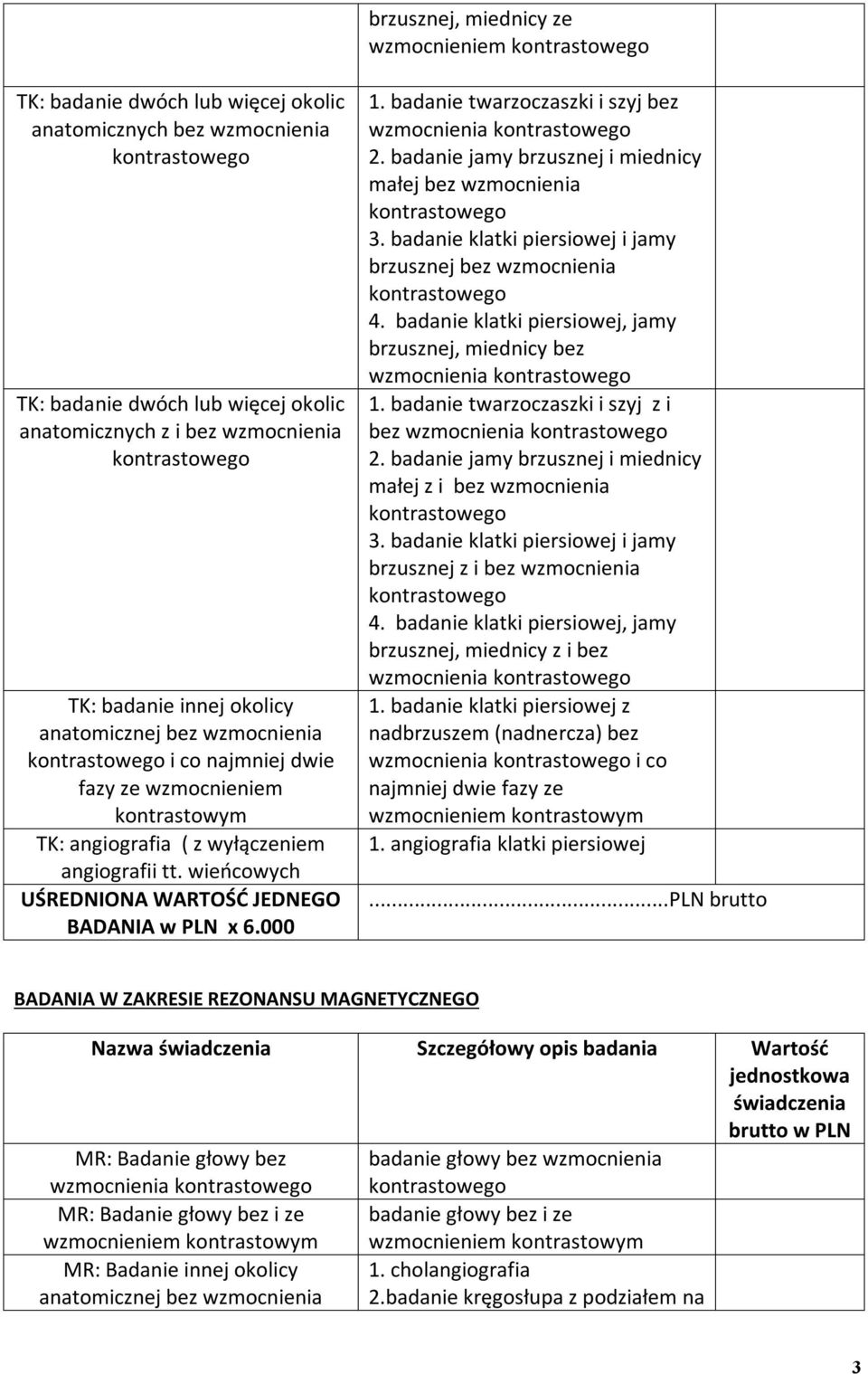 badanie twarzoczaszki i szyj bez wzmocnienia 2. badanie jamy brzusznej i miednicy małej bez wzmocnienia 3. badanie klatki piersiowej i jamy brzusznej bez wzmocnienia 4.