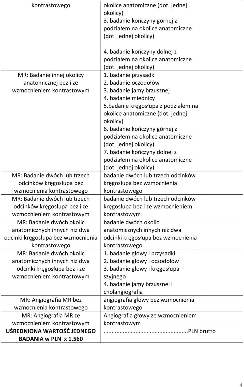ze UŚREDNIONA WARTOŚĆ JEDNEGO BADANIA w PLN x 1.560 okolice anatomiczne (dot. jednej okolicy) 3. badanie kończyny górnej z podziałem na okolice anatomiczne (dot. jednej okolicy) 4.