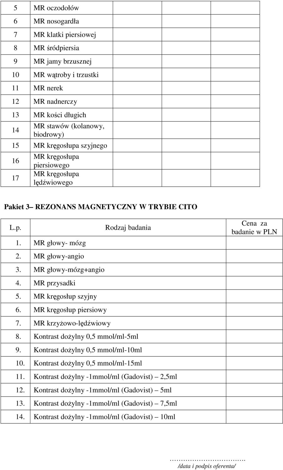 MR głowy-mózg+angio 4. MR przysadki 5. MR kręgosłup szyjny 6. MR kręgosłup piersiowy 7. MR krzyŝowo-lędźwiowy 8. Kontrast doŝylny 0,5 mmol/ml-5ml 9. Kontrast doŝylny 0,5 mmol/ml-10ml 10.