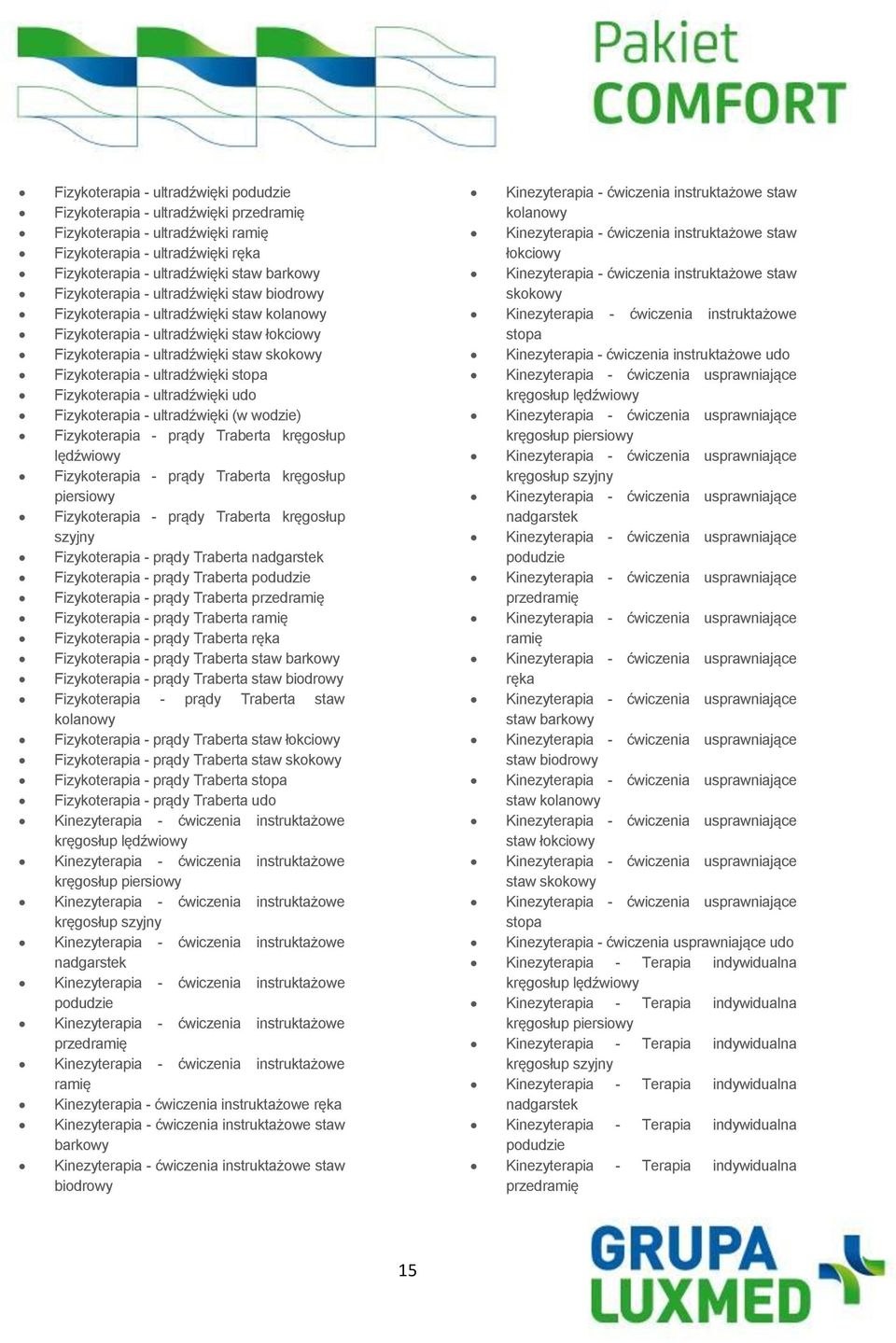 stopa Fizykoterapia - ultradźwięki udo Fizykoterapia - ultradźwięki (w wodzie) Fizykoterapia - prądy Traberta kręgosłup Fizykoterapia - prądy Traberta kręgosłup piersiowy Fizykoterapia - prądy