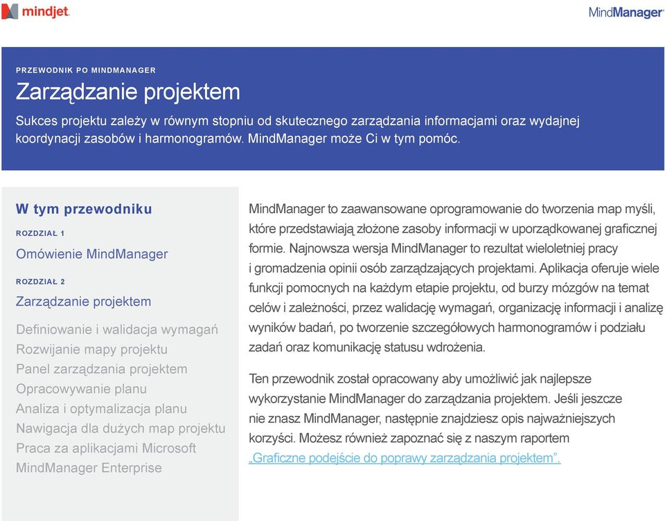 W tym przewodniku ROZDZIAŁ 1 Omówienie MindManager ROZDZIAŁ 2 Zarządzanie projektem Definiowanie i walidacja wymagań Rozwijanie mapy projektu Panel zarządzania projektem Opracowywanie planu Analiza i