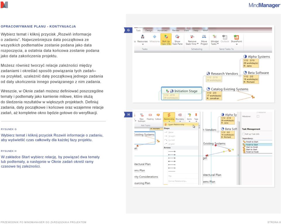 G Możesz również tworzyć relacje zależności między zadaniami i określać sposób powiązania tych zadań na przykład, uzależnić datę początkową jednego zadania od daty ukończenia innego powiązanego z nim