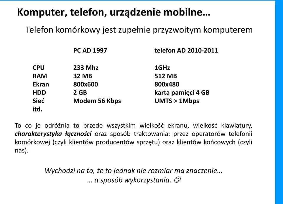 To co je odróżnia to przede wszystkim wielkość ekranu, wielkość klawiatury, charakterystyka łączności oraz sposób traktowania: przez