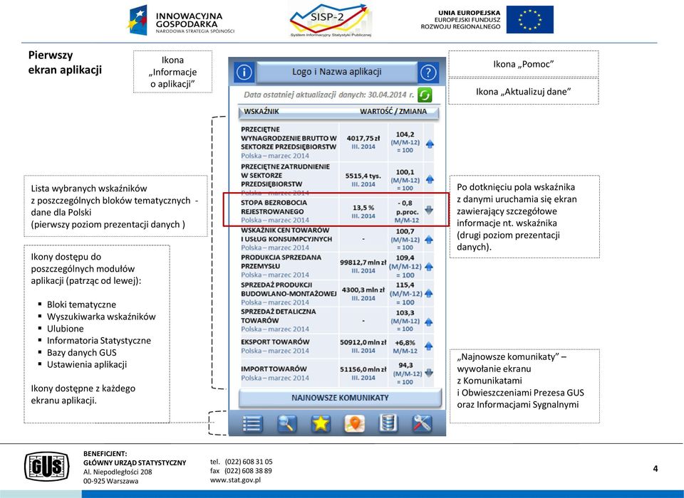 Statystyczne Bazy danych GUS Ustawienia aplikacji Ikony dostępne z każdego ekranu aplikacji.