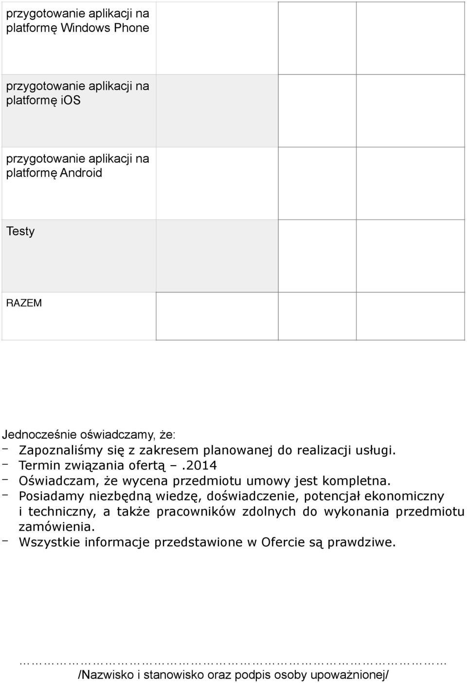 2014 Oświadczam, że wycena przedmiotu umowy jest kompletna.