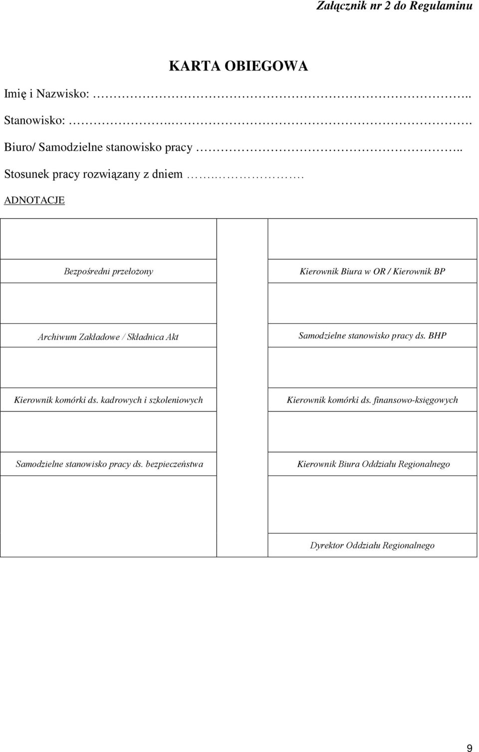 . ADNOTACJE Bezpośredni przełożony Kierownik Biura w OR / Kierownik BP Archiwum Zakładowe / Składnica Akt Samodzielne