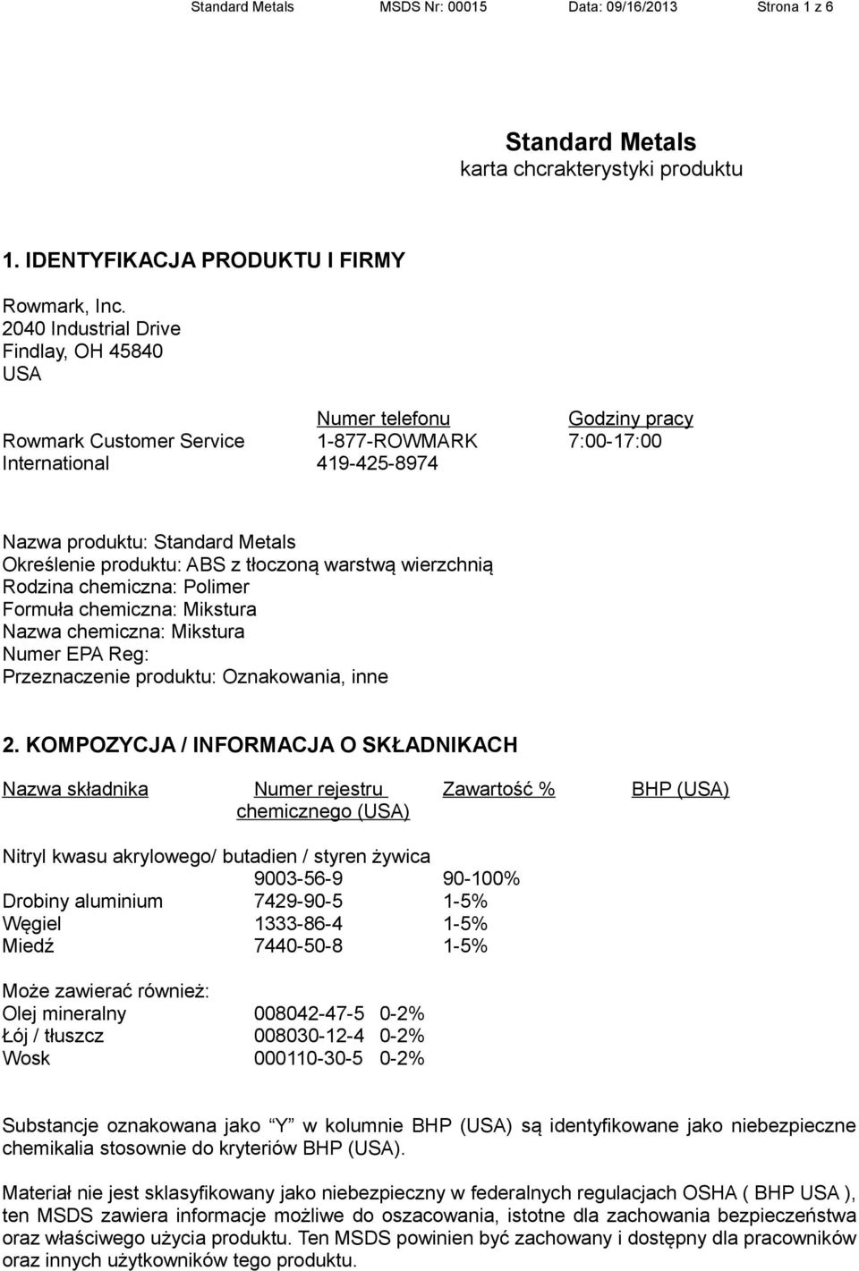 produktu: ABS z tłoczoną warstwą wierzchnią Rodzina chemiczna: Polimer Formuła chemiczna: Mikstura Nazwa chemiczna: Mikstura Numer EPA Reg: Przeznaczenie produktu: Oznakowania, inne 2.