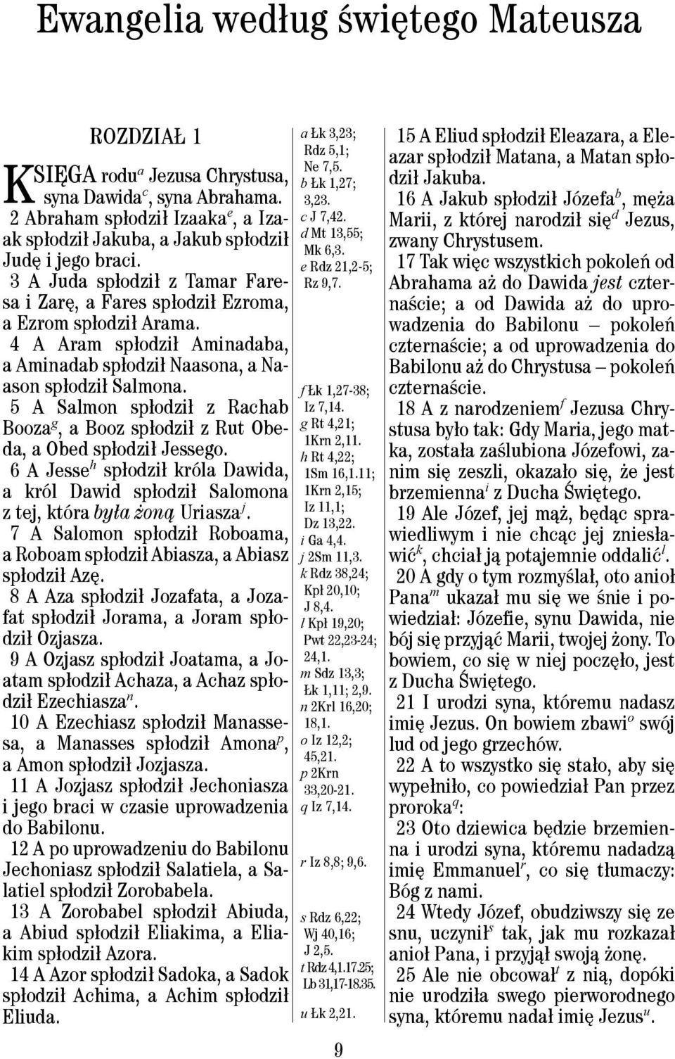 5 A Salmon spłodził z Rachab Booza g, a Booz spłodził z Rut Obeda, a Obed spłodził Jessego. 6 A Jesse h spłodził króla Dawida, a król Dawid spłodził Salomona z tej, która była żoną Uriasza j.